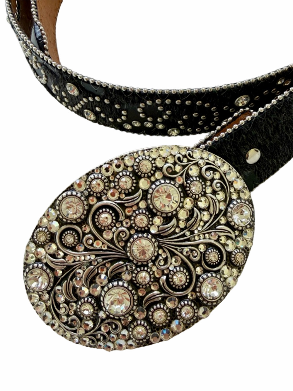 Nocona Rhinestone Western Cowgirl Leather Cowhide Studded Black Silver Belt XL